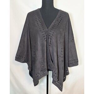 Soft Surroundings Gray Poncho Faux Suede Laser Cut Kimono Sleeves Women ONE SIZE